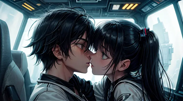 a teenager girl in black pigtails kissing an emo teenager male guy, spaceship, space ship, futuristic