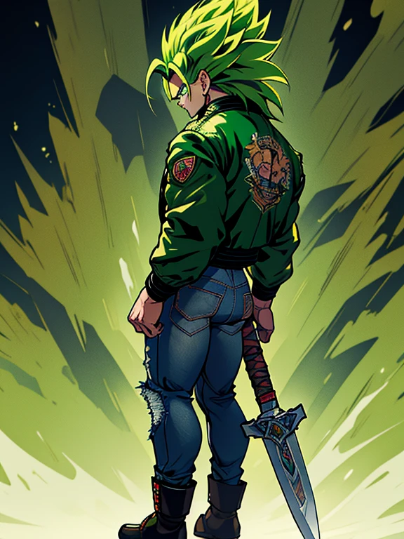 Highly detailed, (masterpiece), best quality, expressive eyes, perfect face, 1man, Spiked hair, long hair, Super_Saiyan_Trunks Green hair, green eyes, Bulky Body Builder Masculine body, Green leather Jacket & Jeans, Holding a Gigantic Battle Axe Spear Hammer, combat boots, full body, back view