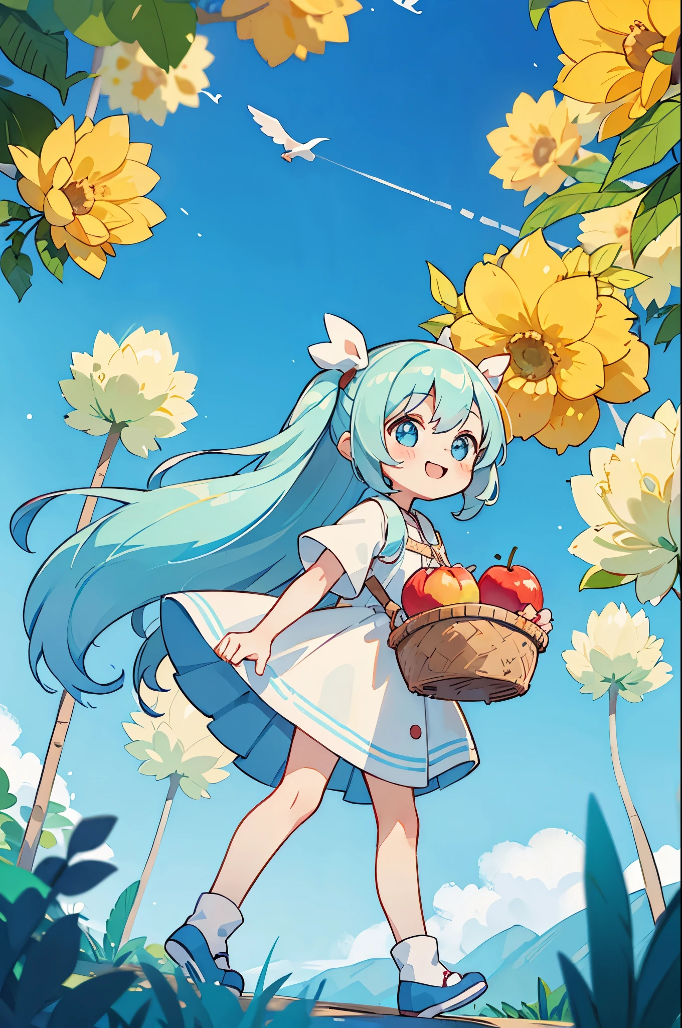 Girl dressed to go on an adventure、Light blue long hair、Twin-tailed、adorable smiling、bustup、Walking while humming、Looks like a lot of fun、There is a basket with apple pie、Take low-angle shots