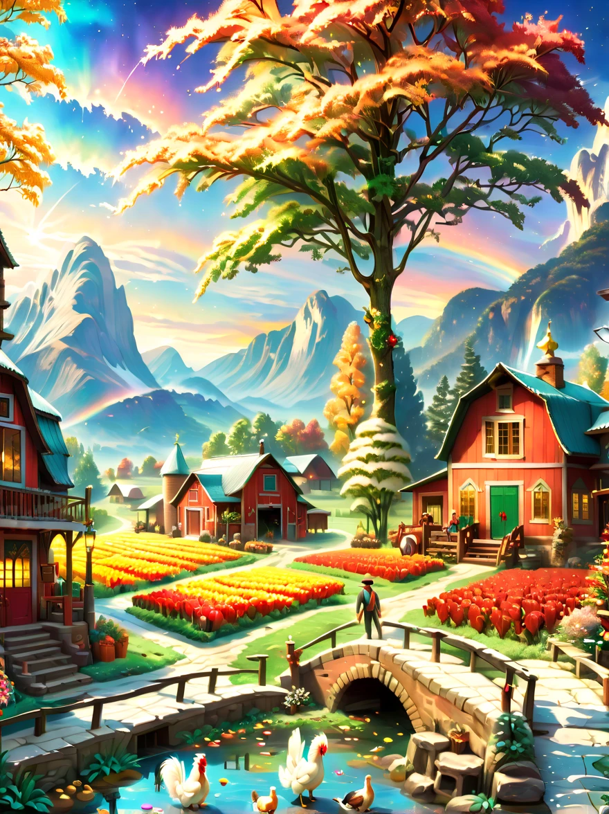 (tmasterpiece:1.2), (Faraway view:1.8), ultra - detailed, (actual, realistically:1.37), vivd colour, magical ambiance, Whimsical, Comfortable，(Farm life: 1.8)，((1个戴草帽的美丽女孩在挤taur奶))，(Red roofs and surrounding golden wheat fields and colorful orchardarmers are harvesting with combine harvesters and scythes，and load the fruit onto the truck，cavalos、taur、Animals such as chickens and ducks play in the farm，An oak tree laden with golden acorns，squirrels，autumnal，The wedding was held under the oak tree)，(((画面捕捉到了丰收的喜悦和和谐的Farm life)))，hyper realisitc的, Psychedelic, Complicated details, Beautiful texture, Ethereal, like a dream, soft luminescent glow, Charming Patterns, Fantasy Farm, Hidden surprises, fantastic farm scenery, hyper realisitc的 color palette, Mystic aura, hyper realisitc, Enchanting journey, psychedelic trip, vivid imagination, immersive experience, mysterious creature, otherworldly charm, hyper realisitc的天空, Whimsical theme park, (a magical encounter,Fascinating artwork)，(Ghibli-style colors, first person perspective, hyper HD, tmasterpiece, Acura, Anatomically correct, ctextured skin, super detailing, high detal, high high quality, Award-Awarded, Best quality, 8K)