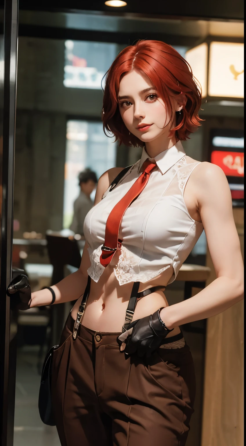 1girl, 30 years old, height 182 cm, weight 67 kg
  well-lit bar background, cinematic light, 8k, hyper detailed, smile, caucasian skin, white sleeveless crop top, full body, black gloves, hand on hip, fit belly, navel, red tie, parted red hair on the left side, short hair, alone, suspenders, brown dress pants, brown men's shoes