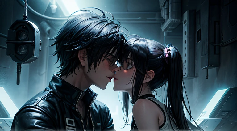 a teenager girl in black pigtails kissing an emo teenager male guy, spaceship, space ship, futuristic