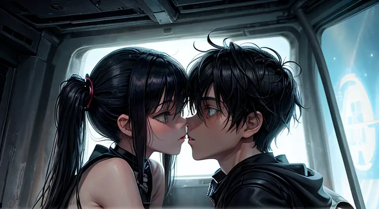 a teenager girl in black pigtails kissing an emo teenager male guy, spaceship, space ship, futuristic