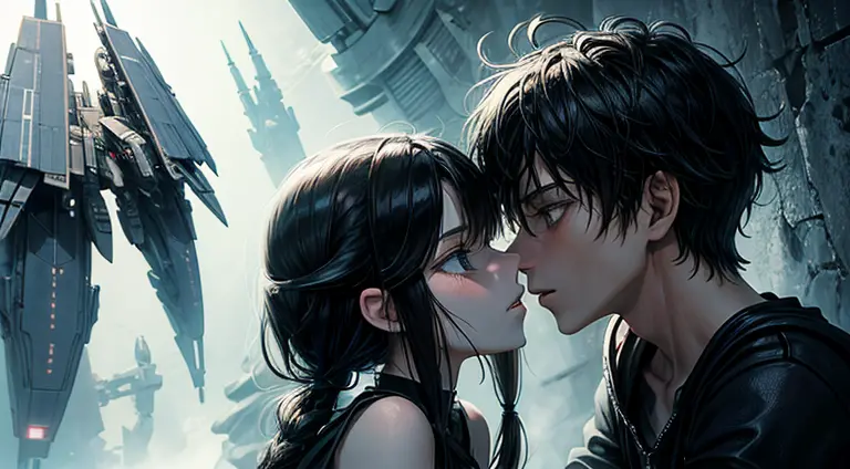 a teenager girl in black pigtails kissing an emo teenager male guy, spaceship, space ship, futuristic