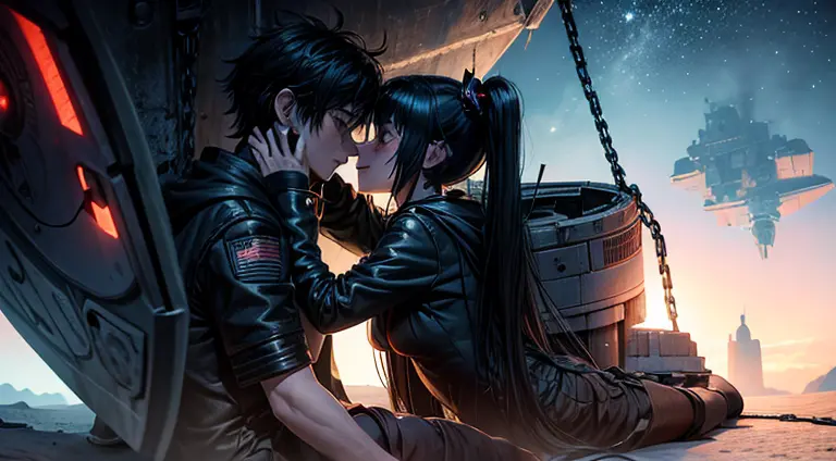 a teenager girl in black pigtails kissing an emo teenager male guy, spaceship, space ship, futuristic