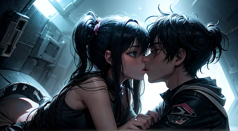 a teenager girl in black pigtails kissing an emo teenager male guy, spaceship, space ship, futuristic