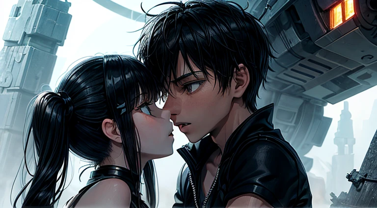 a teenager girl in black pigtails kissing an emo teenager male guy, spaceship, space ship, futuristic