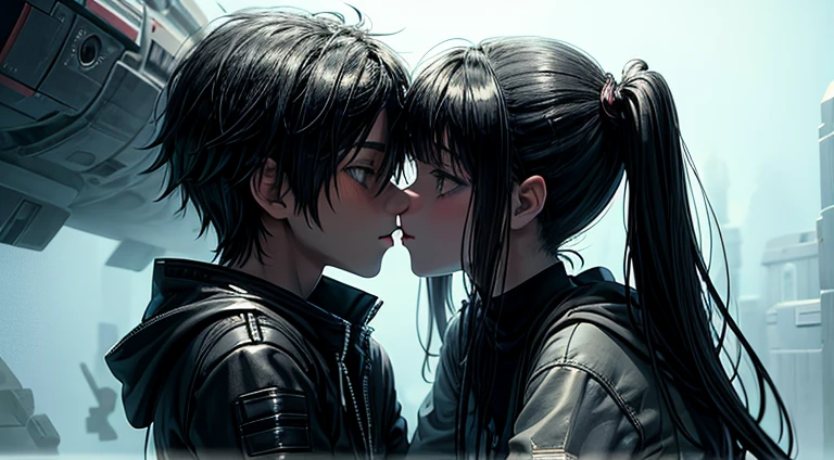 a teenager girl in black pigtails kissing an emo teenager male guy, spaceship, space ship, futuristic