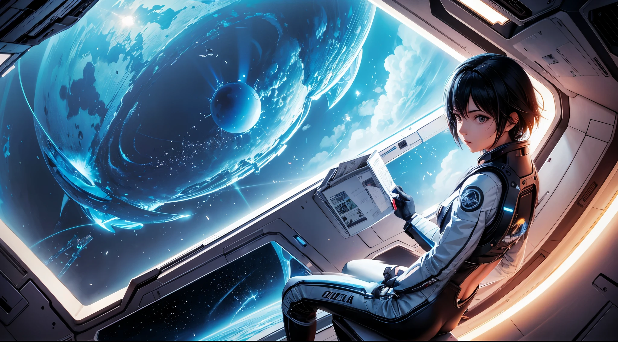 anime style, who sits on the ground and looks at the planet, space cowgirl, Cyber-space cowgirl, inspired by Josan Gonzalez, Makoto Shinkai ( Apex Legends ), akira&#39;s art style, Ross Tran Style, Vibraciones de akira, akira&#39;s art style, floating next to the planets, Josan Gonzalez, scifi art!!!!!!!, Josan Gonzalez!!!, in the space, modern sci-fi anime