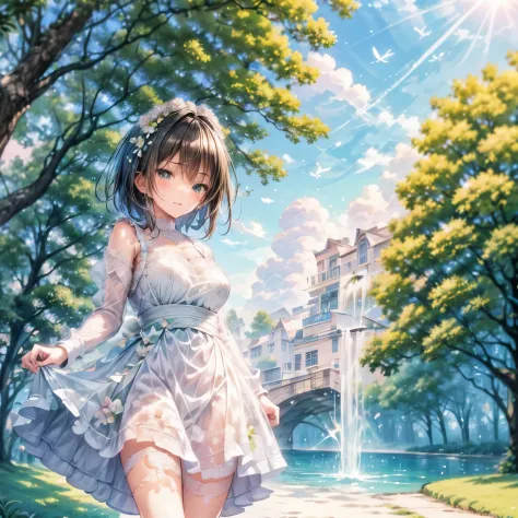 cute girl in the park,illustration,colorful,playful,joyful,magical atmosphere,bright sunlight,happy mood,flying birds,fountain s...