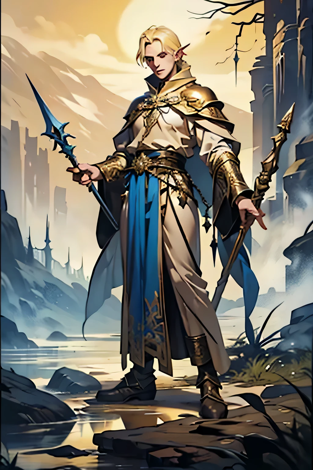 A blonde male high elf sorcerer with no facial hair, wearing long robes for nobility, no armour, using ice magic and using a quarterstaff in a wilderness background. He has brown eye and strong facial features.