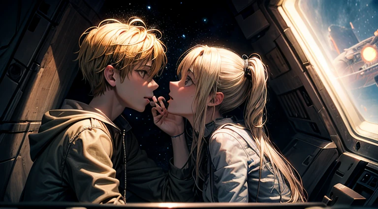 a teenager girl in black pigtails kissing an emo teenager male guy with blonde hair, spaceship, space ship, futuristic