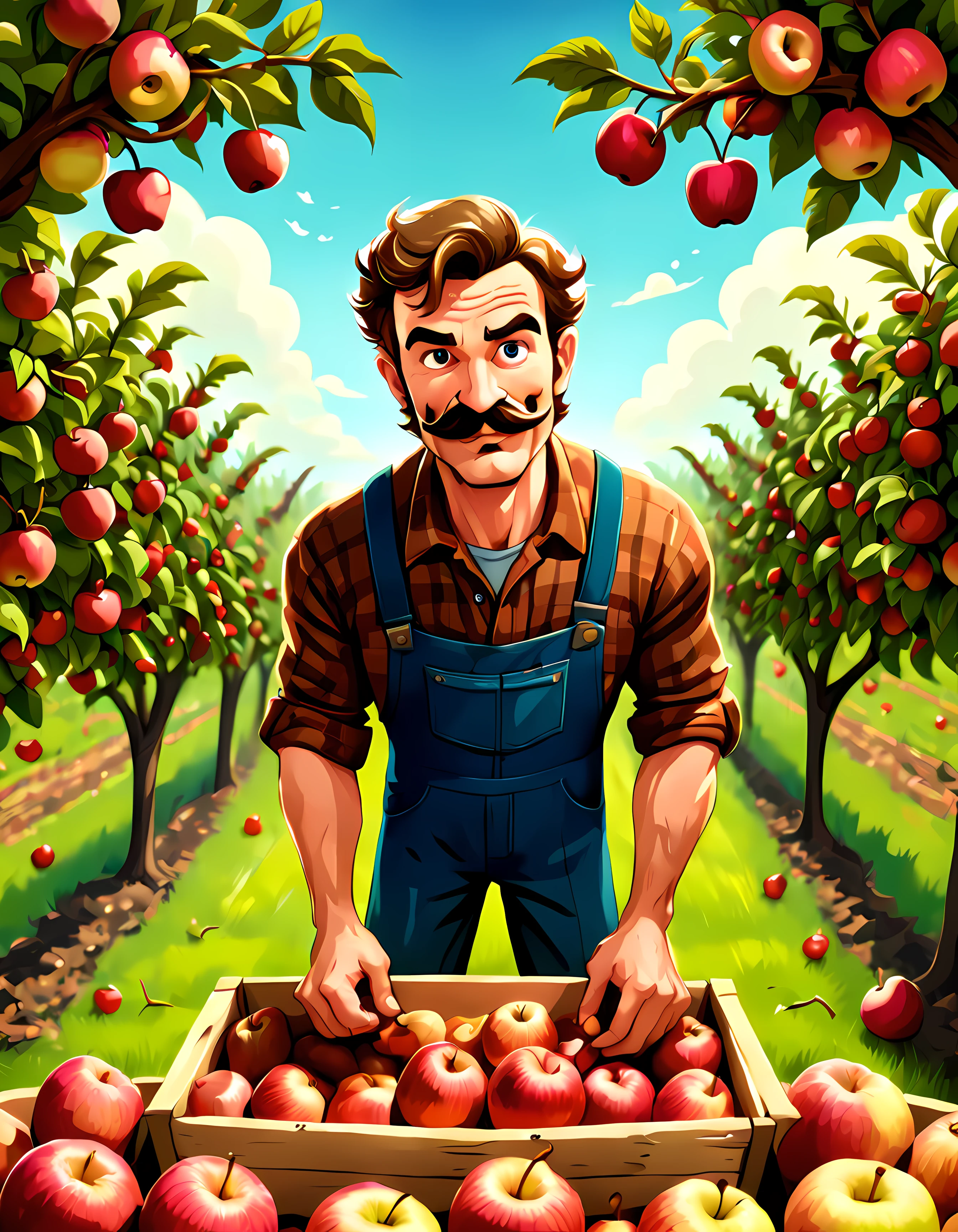 كارتون لطيف, CuteCartoonAF, (أسلوب الرسوم المتحركة لطيف:1.3), (وحيد:1.3), (عرض زاوية عالية:1.3), جميل (مزارع) ((حصاد)) التفاح الناضج من بستان وافر, شارب, رومانسي | أكثر_التفاصيل