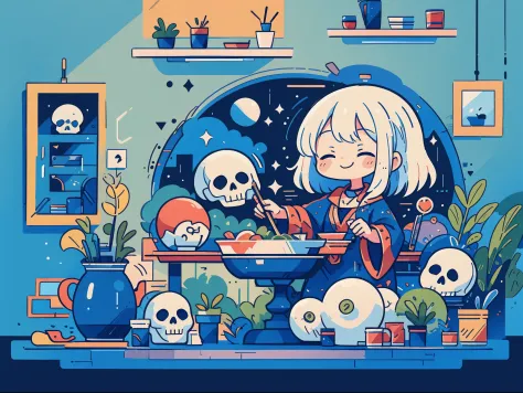 Witch stirring a cauldron with herbs, smiling, indoors, and a skull present.