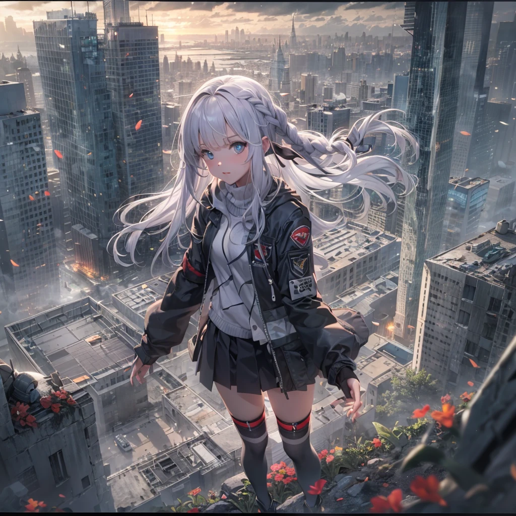 masterpiece, best quality, highres, 1girl, ((braids)), (blunt bangs), (medium hair), white hair, blue eyes, ultra detailed face, perfect proportion, military black jacket, hood, flower hair accessary, pleated mini skirt, long thigh-high socks, military boots, apocalyptic world, ruined city, wilderness, high ground, high vantage point, dynamic angle and pose, wind, moody lights, sunset,