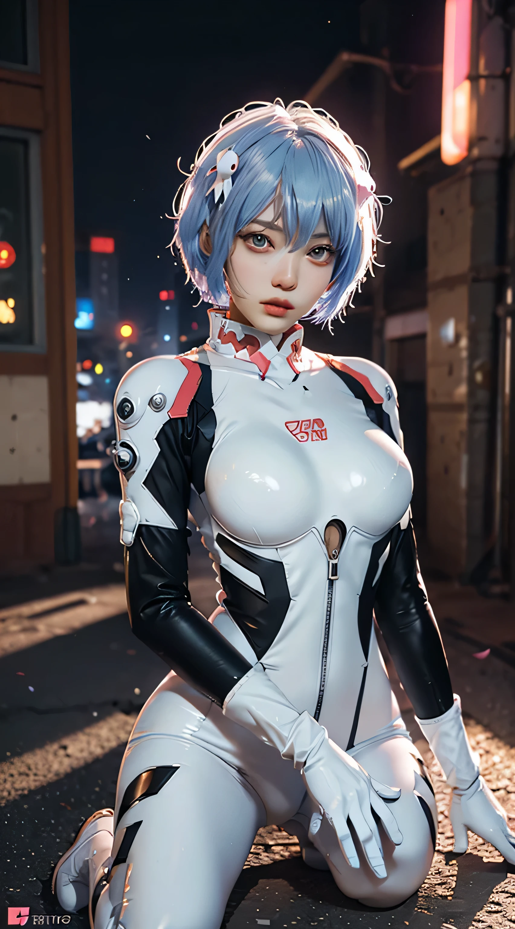 (Realistic, photoRealistic), Ayanami_wang, 1girl in, Blue short hair, white hair ornament, ((White bodysuit, gloves)), Saihar body), Sitting on the ground, (Cowboy Shot),(masutepiece, High quality, Best Quality), (Colorful),(Delicate eyes and face), volumatic light, Ray tracing, the Extremely Detailed CG Unity 8K Wallpapers,Solo((flying petal)),Outdoors, ((Cyberpunk)), Cyber City, ((neon trim)), Night,(Cityscape),