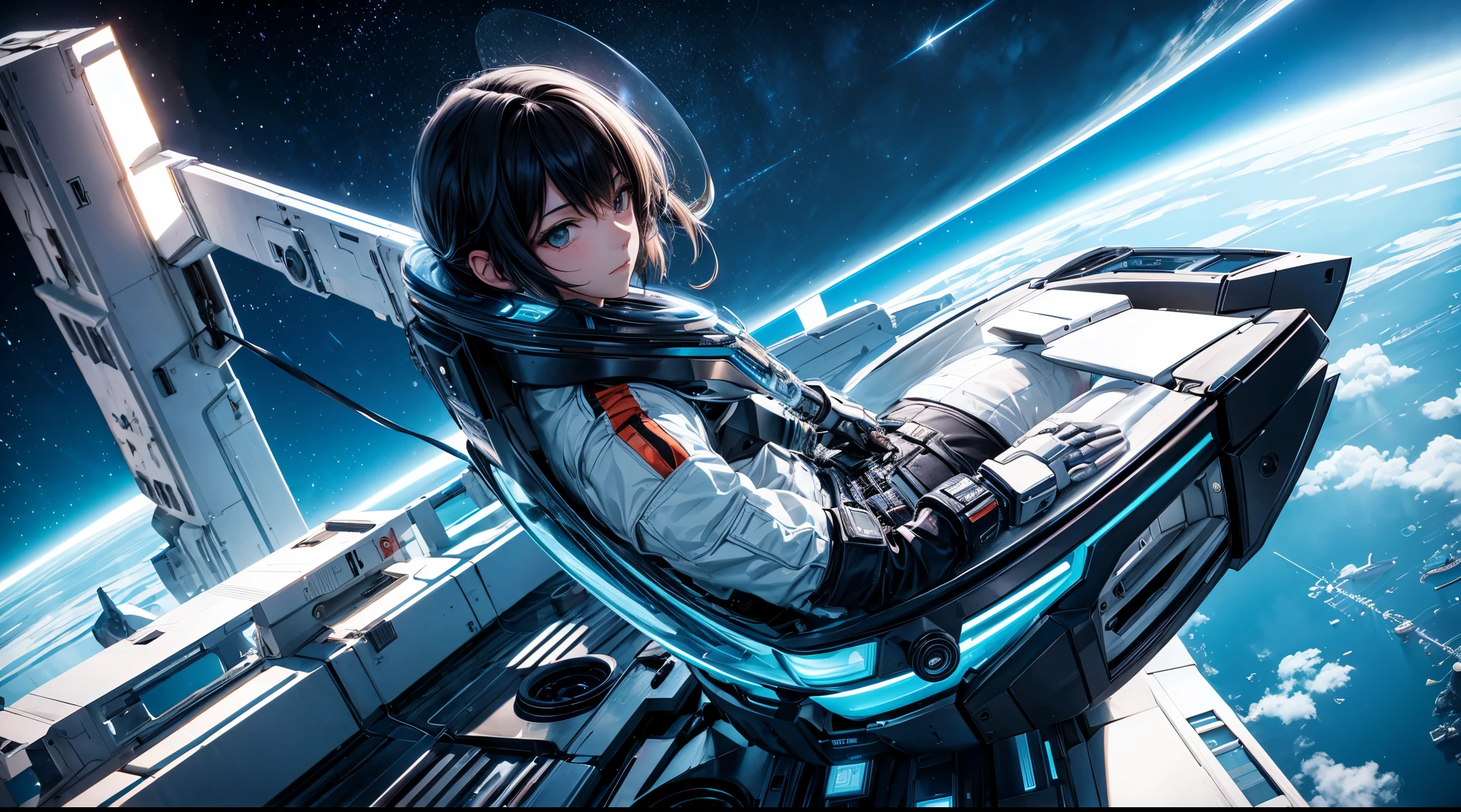 style animé, qui s&#39;assoit par terre et regarde la planète, cow-girl de l&#39;espace, Cyber-cow-girl de l&#39;espace, inspiré par Josan Gonzalez, Makoto Shinkai ( Légendes Apex ), AKIRA&#39;le style artistique, Style Ross Tran, Vibraciones de AKIRA, AKIRA&#39;le style artistique, flottant à côté des planètes, José González, art de science-fiction!!!!!!!, José González!!!, dans l&#39;espace, anime de science-fiction moderne