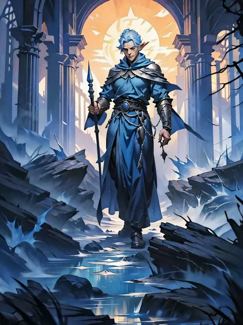 a blue haired male high-elf sorcerer with no facial hair, wearing long silver robes for nobility, no armour, using a quarterstaf...