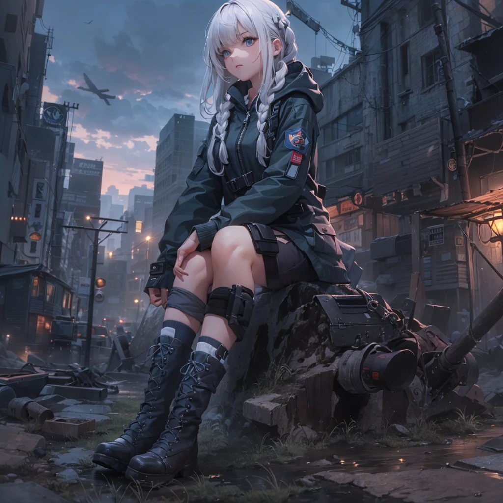 masterpiece, best quality, highres, 1girl, ((braids)), (blunt bangs), white hair, blue eyes, ultra detailed face, perfect proportion, military black jacket, hood, blue flower hair accessary, pleated mini skirt, long thigh-high socks, military boots, apocalyptic world, ruined city, wilderness, high ground, high vantage point, dynamic angle and pose, wind, moody lights, sunset,