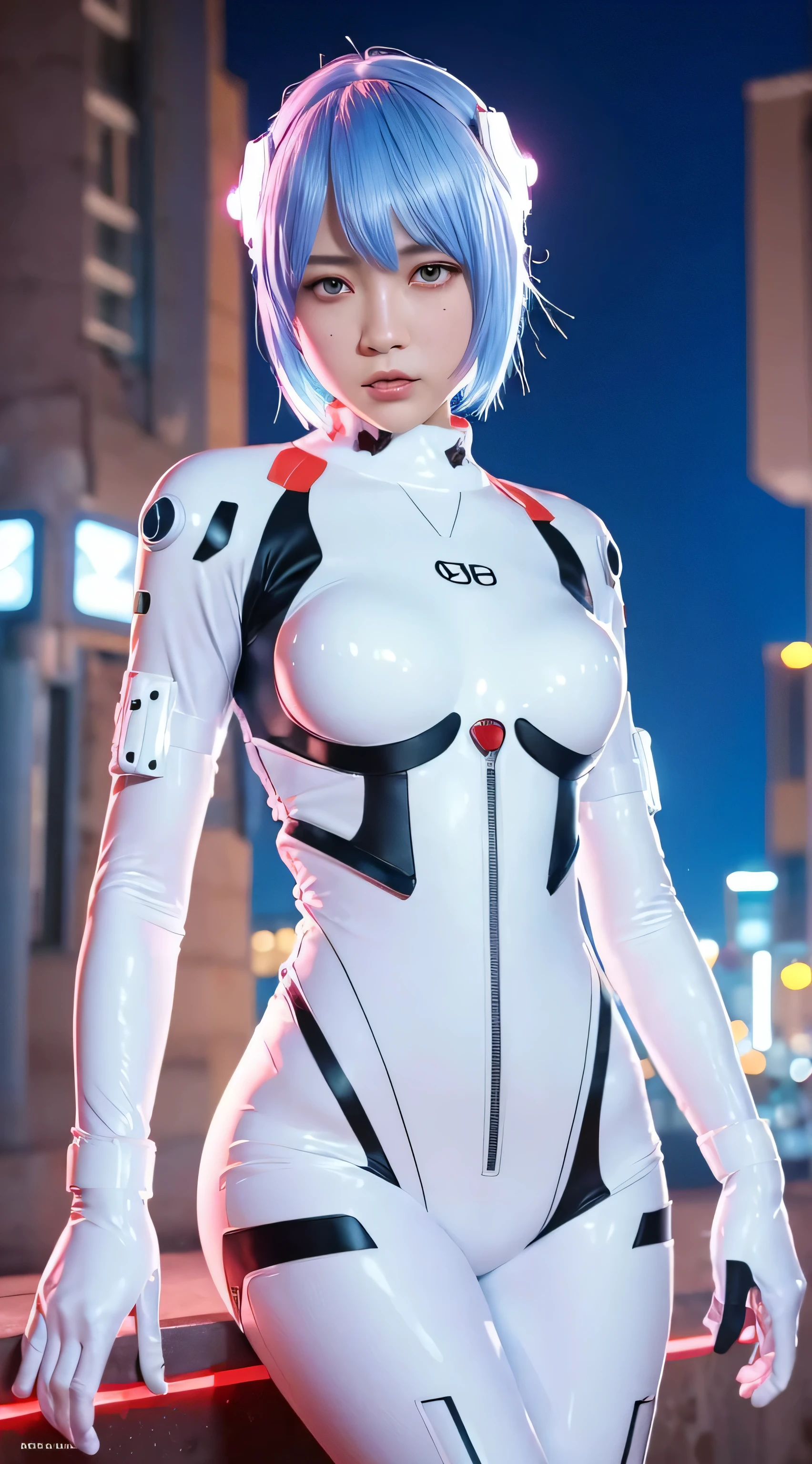 (Realistic, photoRealistic), Ayanami_wang, 1girl in, Blue short hair, white hair ornament, ((White bodysuit, gloves)), Saihar body), Sitting on the ground, (Cowboy Shot),(masutepiece, High quality, Best Quality), (Colorful),(Delicate eyes and face), volumatic light, Ray tracing, the Extremely Detailed CG Unity 8K Wallpapers,Solo((flying petal)),Outdoors, ((Cyberpunk)), Cyber City, ((neon trim)), Night,(Cityscape),frontage,(Opening legs)