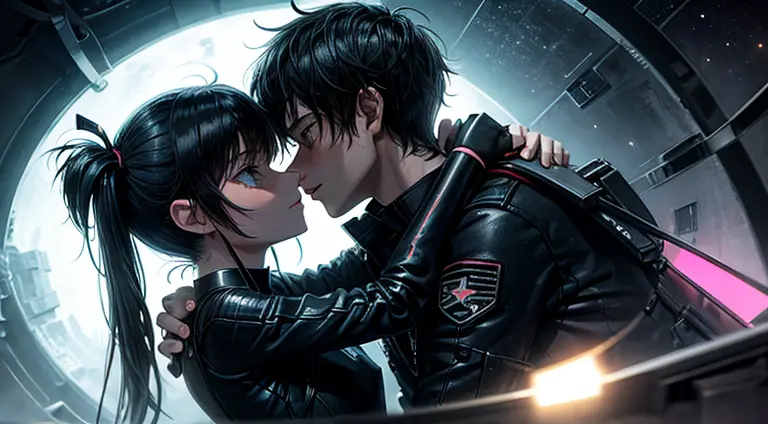 a teenager girl in black pigtails kissing an emo teenager male guy, spaceship, space ship, futuristic