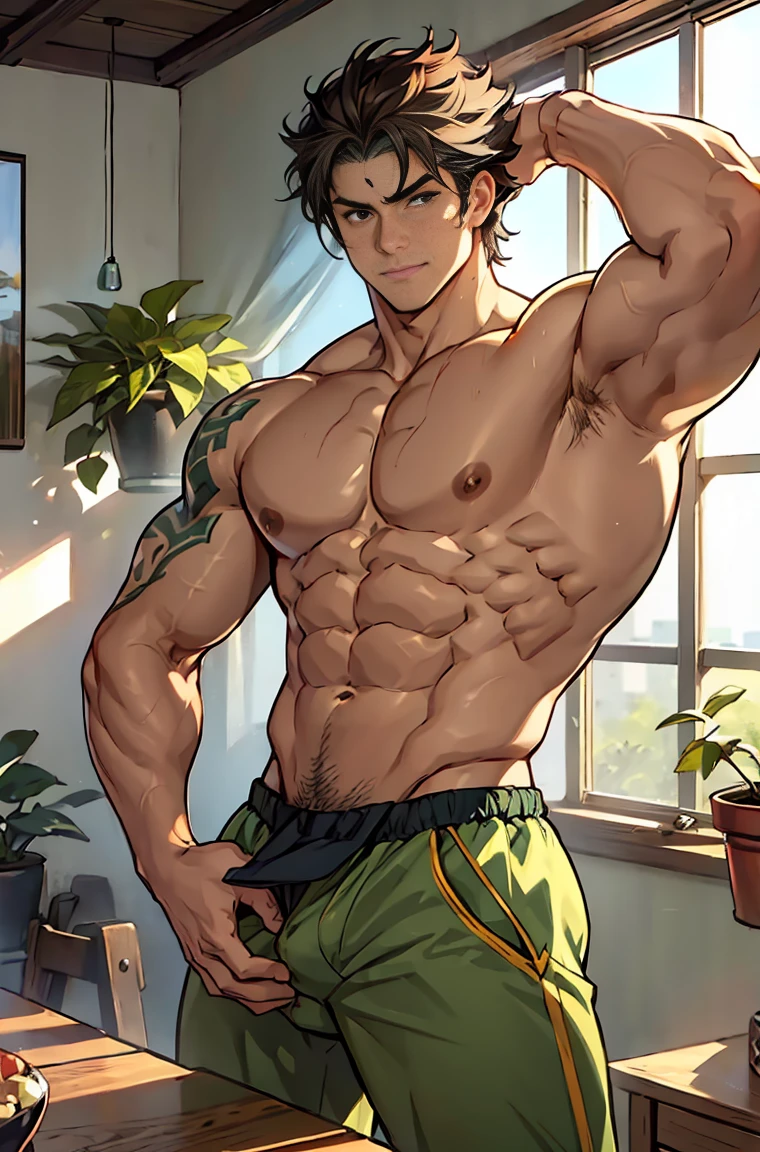 show off thick arms to the audience，The background is an interior with vintage furniture and vintage wooden flooring surrounded by a pot of green plants，Outside the window is the street of the future，closeup of arms，Shoulders exposed，Stout arms，Shoulders very broad，Muscles protrude a lot，Bulging crotch，Highest image quality，Pessoas do sexo masculino，Child，1 menino，jovem e bonito，Shoun，Cabelo liso curto，Pele escura，Anime peito grande，anime wallpaper，sozinho，Foco Masculino，cuecas，Dilation of the pectoral muscles，capa vermelhirilha saliente，Fundo Urbano，Espalhe as pernas，sexy,(master part, best quality),meias brancas longaotas Red Martin，((Exaggerated bulge of muscles))，