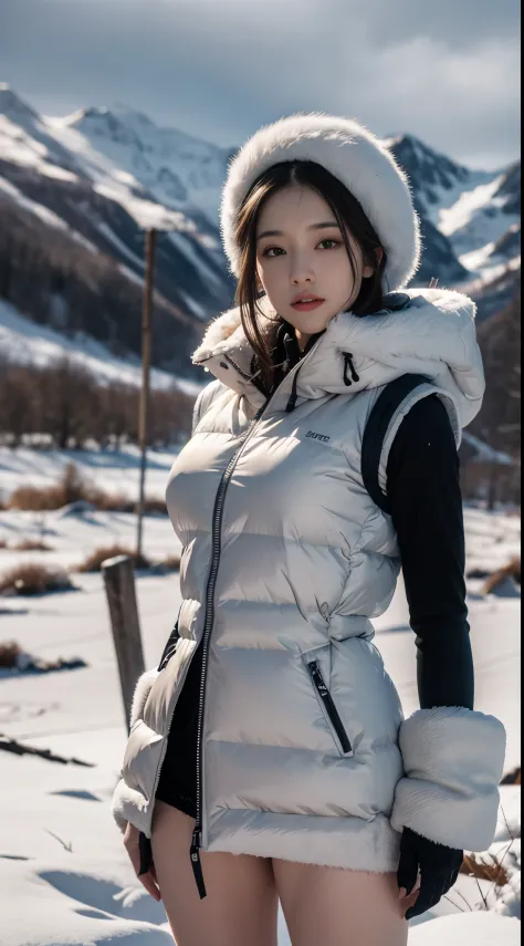 nsfw, 8k, best quality, highres, realistic, real person, A different perspective of a Nordic winter landscape, depicting a beautiful woman wearing a long down vest to brave the cold. The scene is made even more dramatic with rugged, snow-capped mountains a...