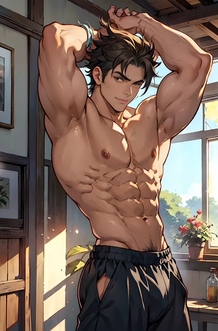 show off thick arms to the audience，The protagonist is very tall and his head almost reaches the ceiling.，The background is in an interior with vintage furniture and vintage wooden floor surrounding，Lush woods outside the window，closeup of arms，Shoulders exposed，Stout arms，Shoulders very broad，Muscles protrude a lot，Bulging crotch，Highest image quality，Pessoas do sexo masculino，Child，1 menino，jovem e bonito，Shoun，Cabelo liso curto，Pele escura，Anime peito grande，anime wallpaper，sozinho，Foco Masculino，cuecas，Dilation of the pectoral muscles，capa vermelhirilha saliente，Fundo Urbano，Espalhe as pernas，sexy,(master part, best quality),meias brancas longaotas Red Martin，((Exaggerated bulge of muscles))，