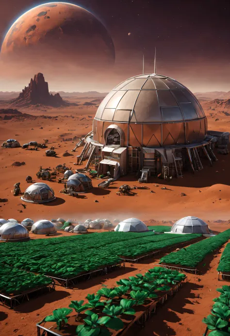 there is one cyber farm on Mars, the farm is fully automated and robotic, the farm grows Martian plants and breeds Martian anima...