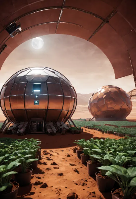 there is one cyber farm on Mars, the farm is fully automated and robotic, the farm grows Martian plants and breeds Martian anima...