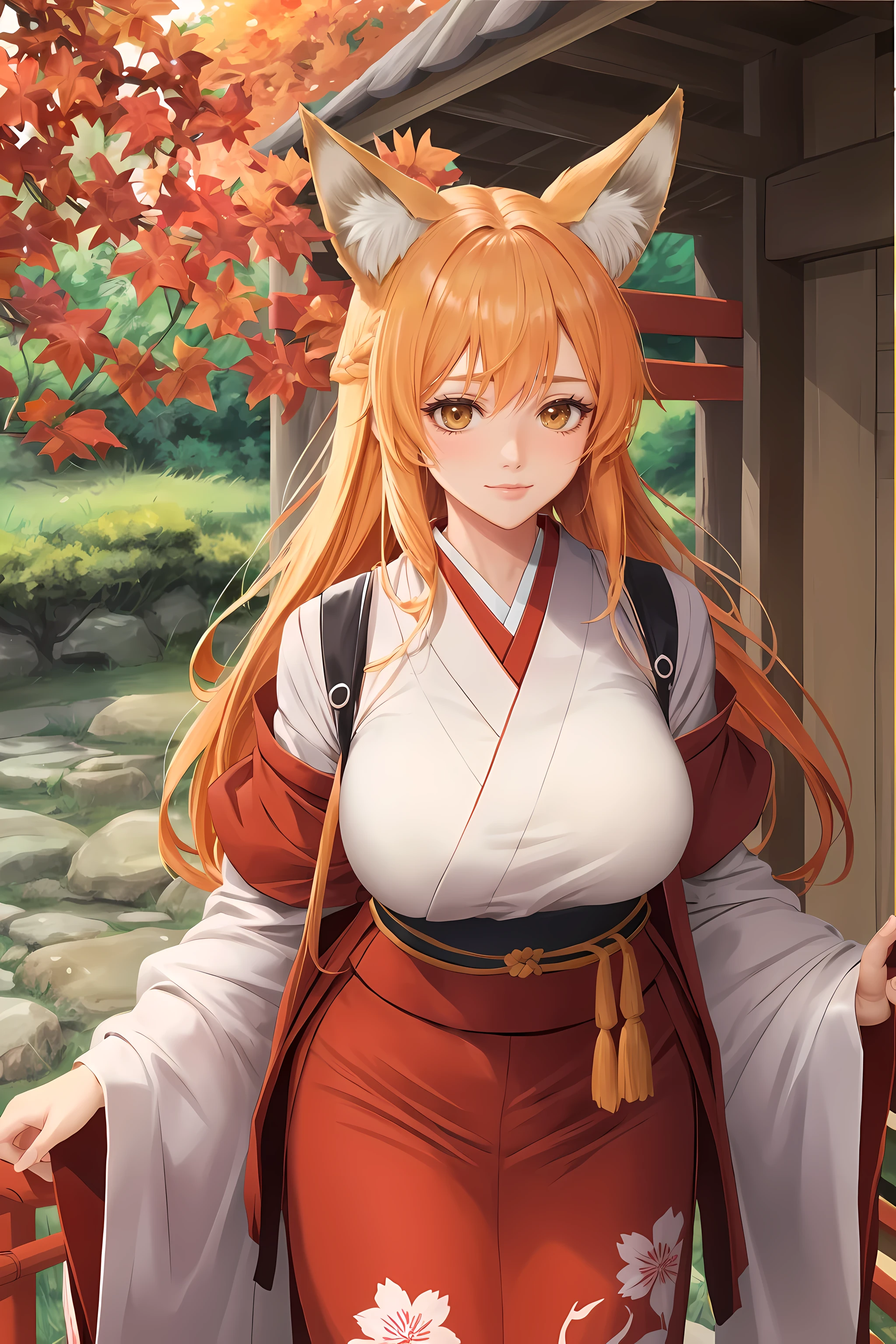 tmasterpiece, Best quality, The content is very detailed, 1 busty girl, Alone, (:3:0.9), Animal ears hair, Animal ears, orange color hair, Bushy hair, The face is red, Brown eyes, Flowers, fox ear, girl fox, slope, slope background, hair Flowers, hair adornments, Japanese clothes, Common, looking at viewert, A girl at a shrine, ssmile, Alone, white Common, beautiful light up