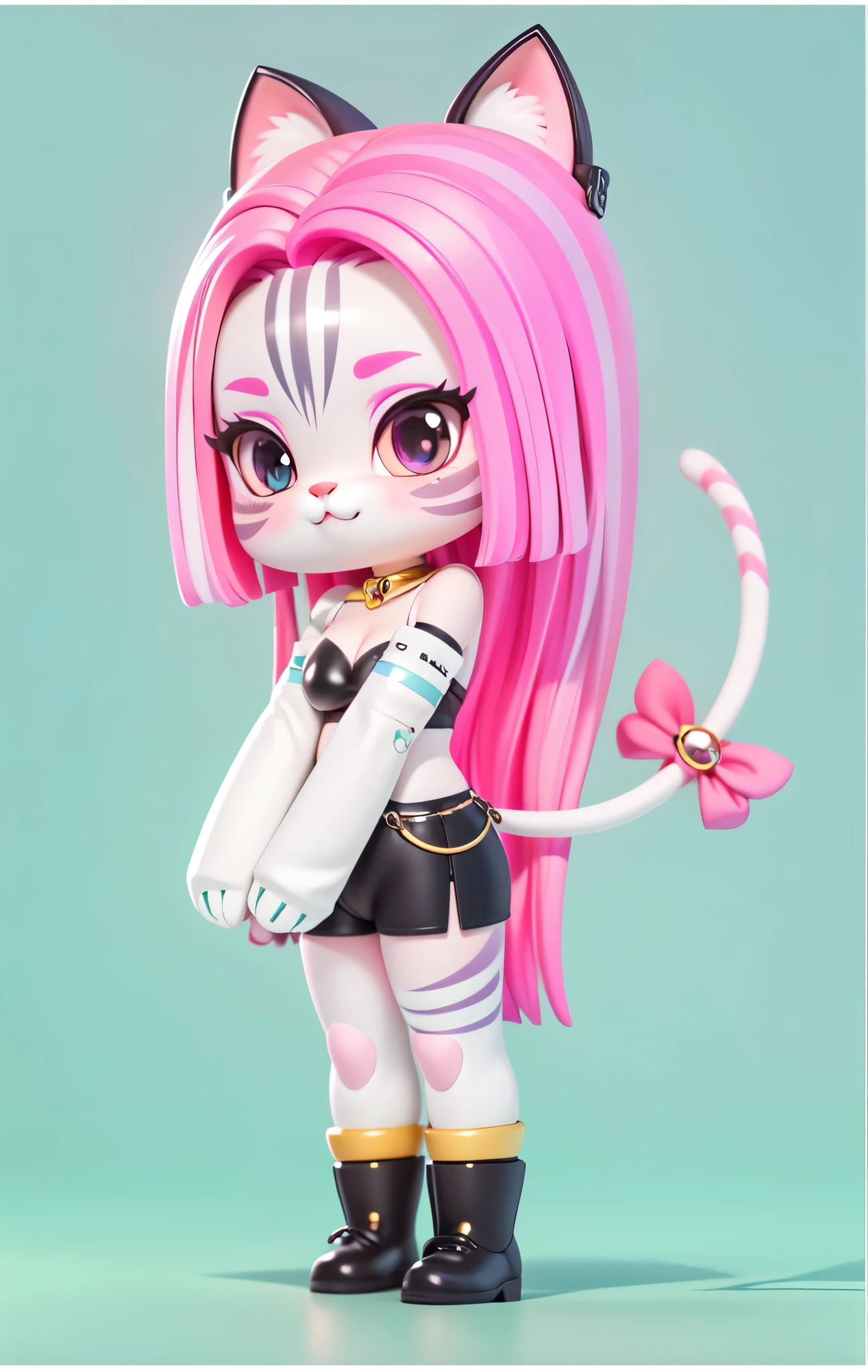 A close up of a toy cat with pink hair and a bow - SeaArt AI