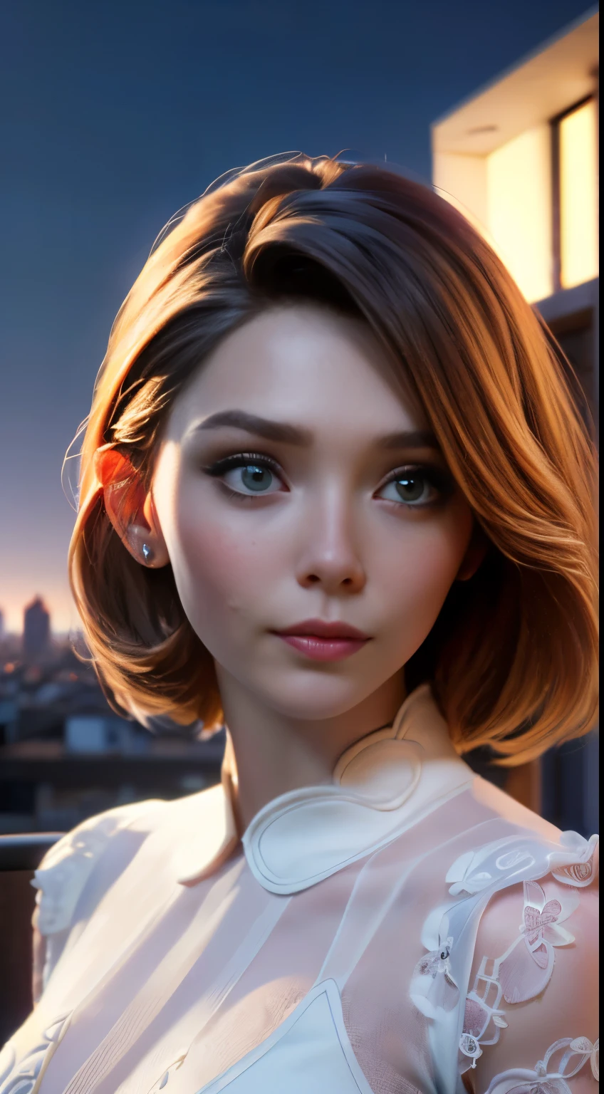 foto de elizabeth olsen, CRUDO, Mujer hermosa, ((Retrato)), ((detallado face:1.2)), ((detallado facial feature, detallado skin, Piel clara), (cuerpo perfectamente proporcionado, senos pequeños), (usando un vestido) (high detallado city environment, balcón del apartamento), (foto realista, mejor calidad, detallado), (fondo de pantalla 8k), (iluminación cinematográfica, iluminación dramática) (enfoque nítido, Intrincado)