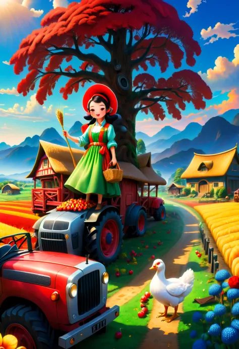 vivd colour, magical ambiance, Whimsical, Comfortable，(Farm life: 1.8)，(1个戴草帽的美丽女孩捧着taur奶:1.8)，(Red roofs and surrounding golden...