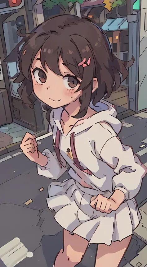 (Best Quality:0.8) perfect anime illustration, a Cute, happy loli with short curly brown hair on a city street, wearing a hoodie, upskirt