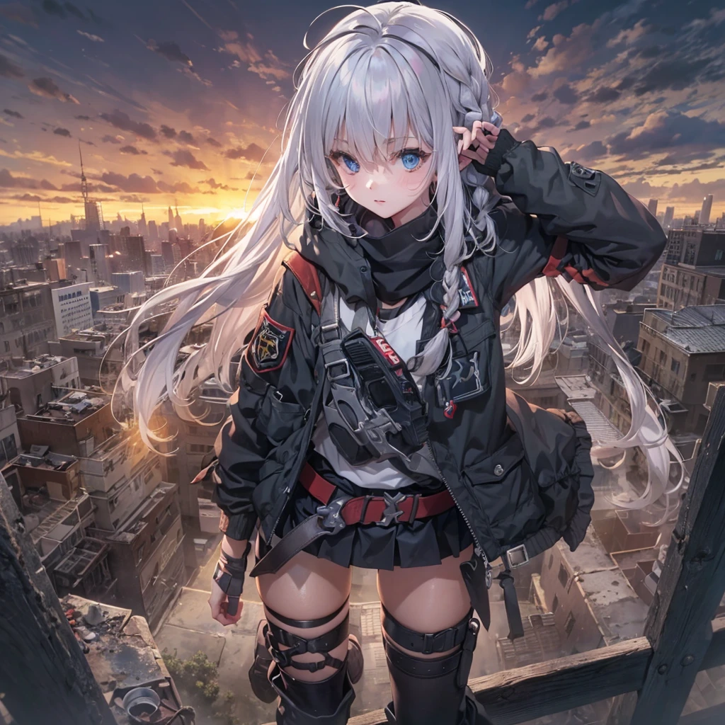 masterpiece, best quality, highres, 1girl, ((braids)), (blunt bangs), white hair, blue eyes, ultra detailed face, perfect proportion, military black jacket with food, (hood up), pleated mini skirt, long thigh-high socks, military boots, ruined apocalyptic world, wilderness, high vantage point, dynamic pose, wind, moody lights, sunset, fisheye, cowboyshot,