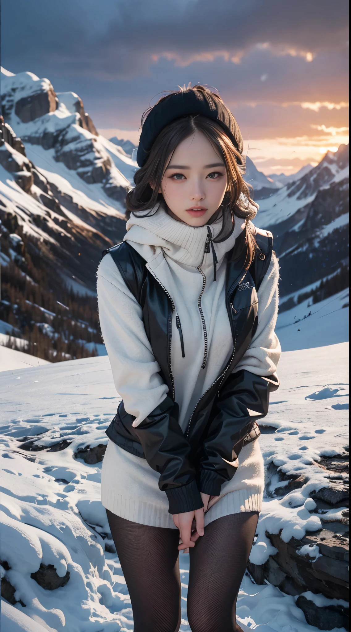 nsfw, 8k, best quality, highres, realistic, real person, A different perspective of a Nordic winter landscape, depicting a beautiful woman wearing a long down vest to brave the cold. The scene is made even more dramatic with rugged, snow-capped mountains and a larger, majestic frozen lake. The sky is a mixture of soft dawn colors, and the figures' expressions are a mixture of awe and struggle against the cold, emphasizing their resilience in the harsh environment. big butt, beautiful legs, long beautiful legs, completely naked inside the down vest