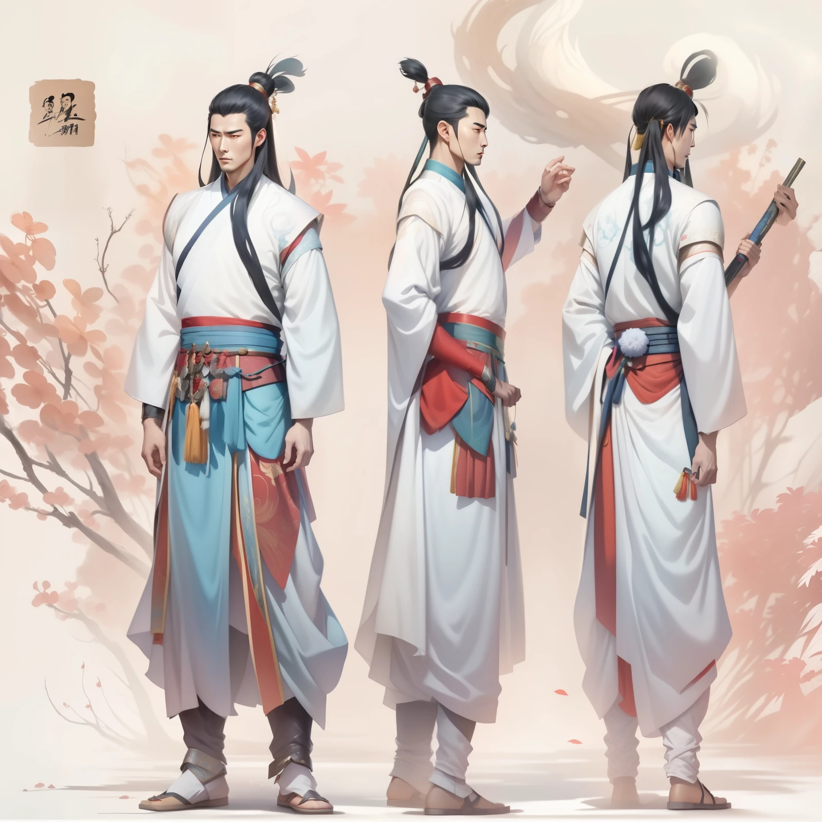 Three Asian men in traditional clothes standing side by side, feng zhu concept art, full-body wuxia, Wearing ancient Chinese clothes, inspired by Guan Daosheng, TRADITIONAL CHINESE COSTUMES, A flowing white robe, wearing a long flowing robe, Inspired by Zhibai, by Qu Leilei, white hanfu, inspired by Li Rongjin