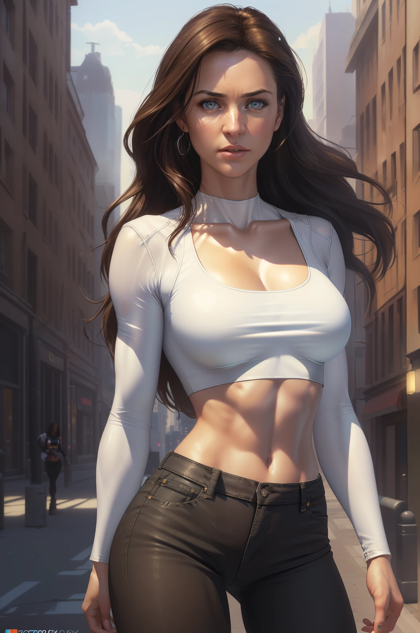 ((Realistic Lighting, Best Quality, 8K, Masterpiece: 1.3)), Clear Focus: 1.2, 1girl, Perfect Figure: 1.4, Slim Abs: 1.1, (Dark Brown Hair)), (White Crop Top: 1.4), (Outdoor, Night: 1.1), City Streets, Super Beautiful Face, Beautiful Eyes, Double Eyelids, Bare Chest