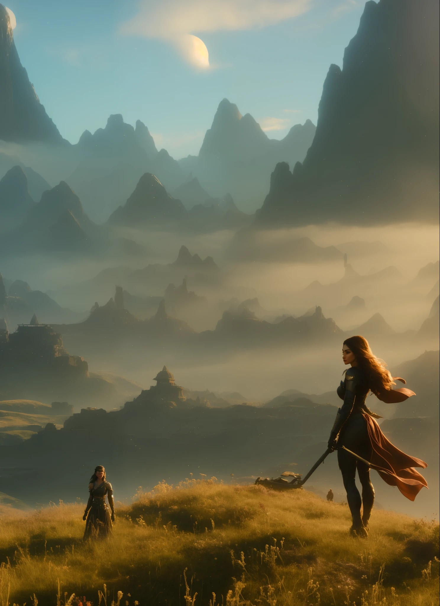 Feminine Figures in Fidd&#39;s Sci-Fi Scenes, Android Jones and Chris Dale, Portrait of Sofia Vergara, square enix cinematic art, Movie Promotional Image, shot on Giant screen, Muspelheim, protagonist in foreground, Paul Atreides, Giant screen render, the witch, Ellora, Giant screen