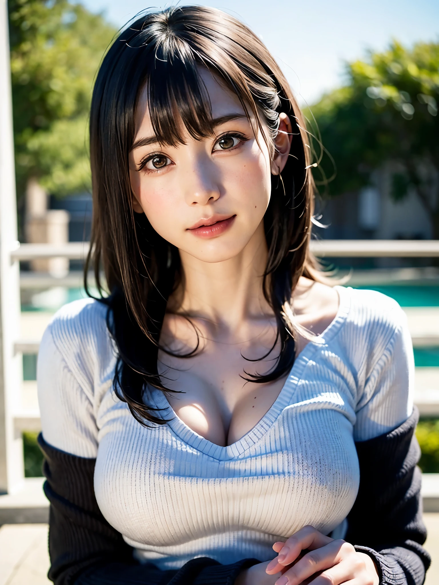 女の子1人、top-quality、realisitic、report、depth of fields、natural soft light、during daytime、魅惑的、beauitful face、Cleanliness、Pure face、de pele branca、cute hawk hair、bangss、the beach、rays of sunshine、Nedium Breast Body Esbian、((Beautiful face with sweater golden ratio Beautiful face with symmetry))、long neck、Put your ears out、bangssのあるきれいな短いボブヘア、Smile with your mouth closed:1.4、Smile with your mouth closed:1.4、perfect hand指、perfect hand、Perfect body、face perfect、Shine a light into the eyes、Perfect Anatomy:1.4、very cute super model:1.4