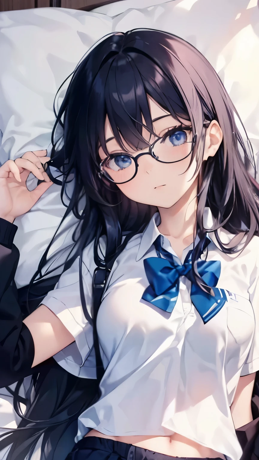 Anime girl with glasses and a bow tie laying on a bed - SeaArt AI