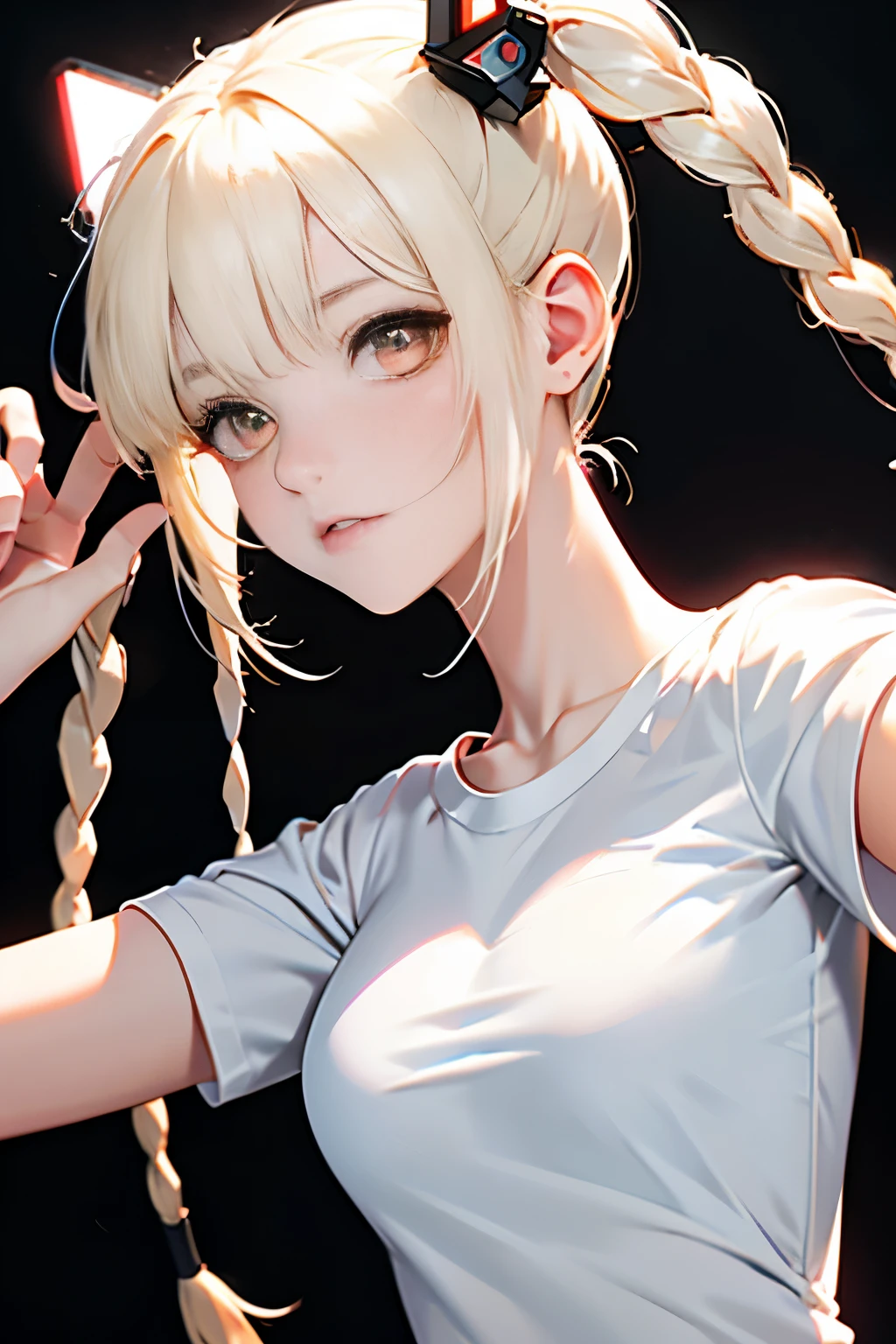 optimum，tmasterpiece，hight resolution，best qualtiy，hyper HD，super detailing，awardwinning，16K，solo，（The upper part of the body），anatomy correct，Beautiful Cyberpunk Girl，Cowboy Shot、cute  face，，a blond、Longhaire、Twin-tailed、Braids, Hairline，（（scarlet eyes）），long eyelasher，Hanging eye corners，White skin of the，Shoot from below, ((white t-shirts:1.5)), radiant eyes、Rocket , （Slim body），