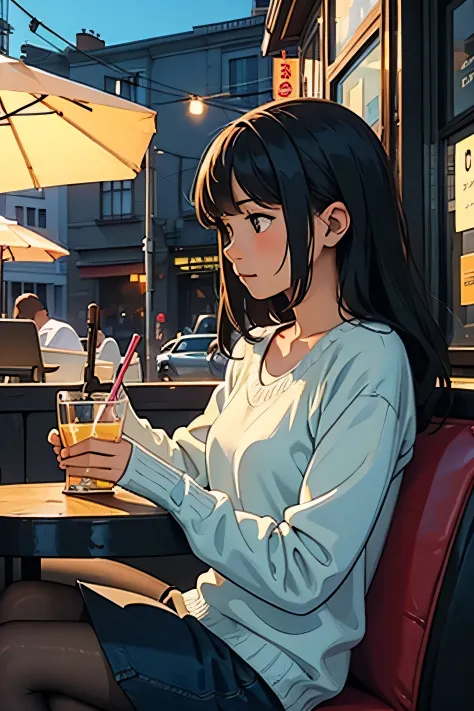 Illustration of a woman relaxing at a cafe,a bit sad scene