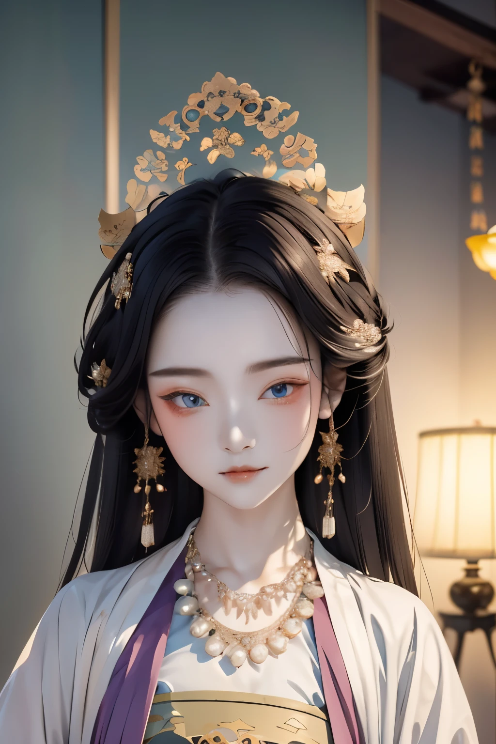 Nahaufnahme einer Frau mit Kopfschmuck und Halskette, hellviolettes Hanfu tragen，Inspiriert von Huang Ji, süße Porzellanpuppe,, Inspiriert von Lan Ying, inspiriert von Ma Yuanyu, Alte chinesische Prinzessin, Zhongyuan-Universum, inspiriert von Qiu Ying, Palast ， mädchen in hanfu