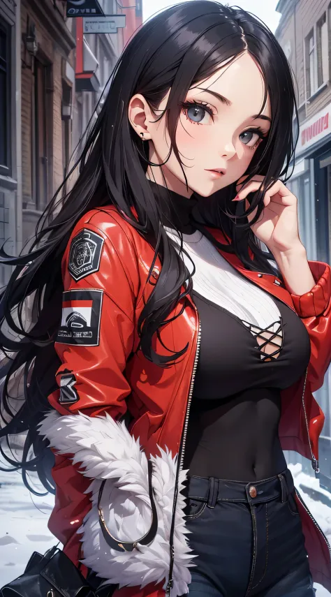 top-quality、Top image quality、​masterpiece、Teenage girl((a red jacket、Black shirt、Blue Pants、18year old、 Ager、Best Bust、big bast,Black eyes, Long Black Hair、A slender,Large valleys、Looking Up)),hiquality、Beautiful Art、Background with((Snow-covered town))​m...