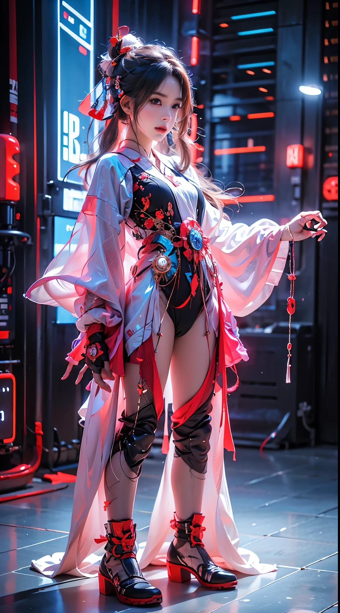 1 girl solo, perfect_hand, (8k, RAW photo, best quality, masterpiece:1.2), (realistic, photo-realistic:1.4), (extremely detailed CG unity 8k wallpaper),full body, (neon lights), machop, mechanical arms, hanfu, Chinese clothes, dress, front view