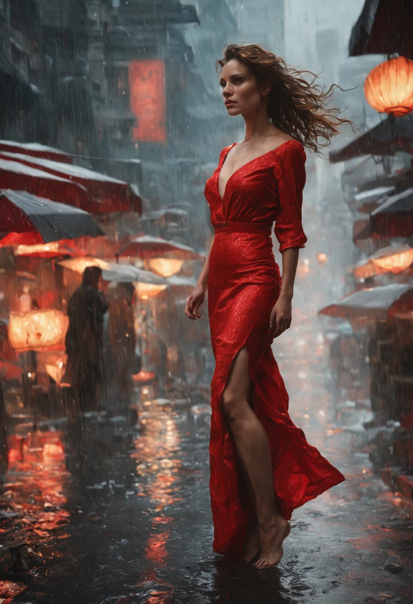 (Thirty year old) woman, standing in the heavy rain, wearing a (long bright red dress:1.2), beautiful legs, (soaked hair:1.2), dreamy photo, dramatic pose, looking straight at camera, soft expression, flirty, slight smile, dark city landscape, crowd of dark strangers, misty, andre kohn, Canon, (Detailed features::1.2), real life. Hayley Atwell, intricate, 8k, highly detailed, (extremely detailed CG unity 8k wallpaper), ((square jaw)), (well defined jaw), (downturned lips), (detailed anatomy), Hyperrealistic full shot body image, trending on CGSociety, Intricate, High Detail, Sharp focus, dramatic, volumetric lighting, digital painting, intense, modelshoot style, (extremely detailed CG unity 8k wallpaper), full shot body photo of the most beautiful artwork in the world, pearl skin, professional majestic oil painting by Ed Blinkey, Atey Ghailan, Studio Ghibli, by Jeremy Mann, Greg Manchess, Antonio Moro, trending on ArtStation, photorealistic painting art by midjourney and greg Rutkowski