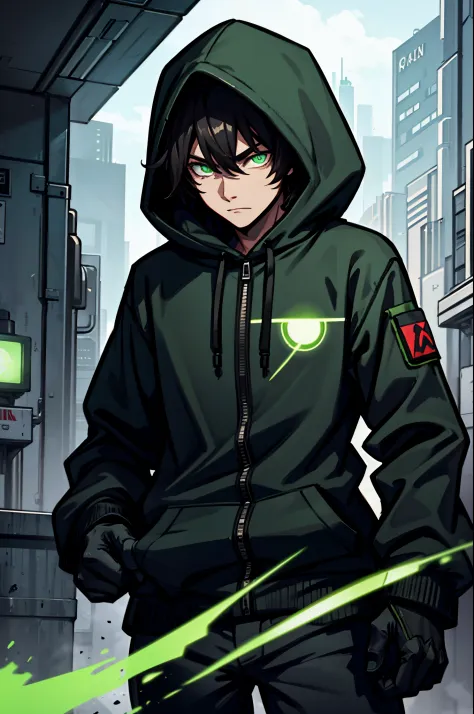 1guy,green glowing eyes,wearing black hoodie