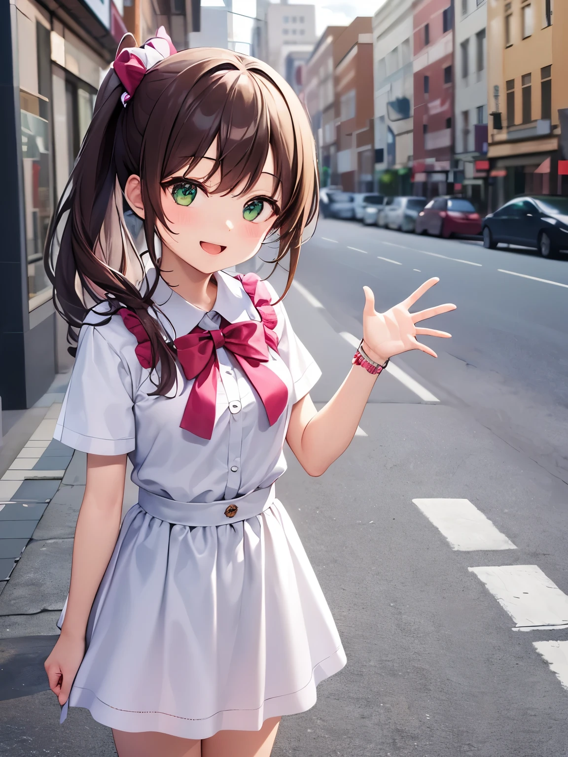 waving at viewer, side ponytail, ​masterpiece、top-quality、 A 5-year-old girl with orange bangs and green eyes.、child, Wearing a white blouse、Wearing a white skirt、open mouth, (smile:1.3)、(Staring:1.5)、is standing、The background is the city、Bold composition、Upper body is shown、Alone、